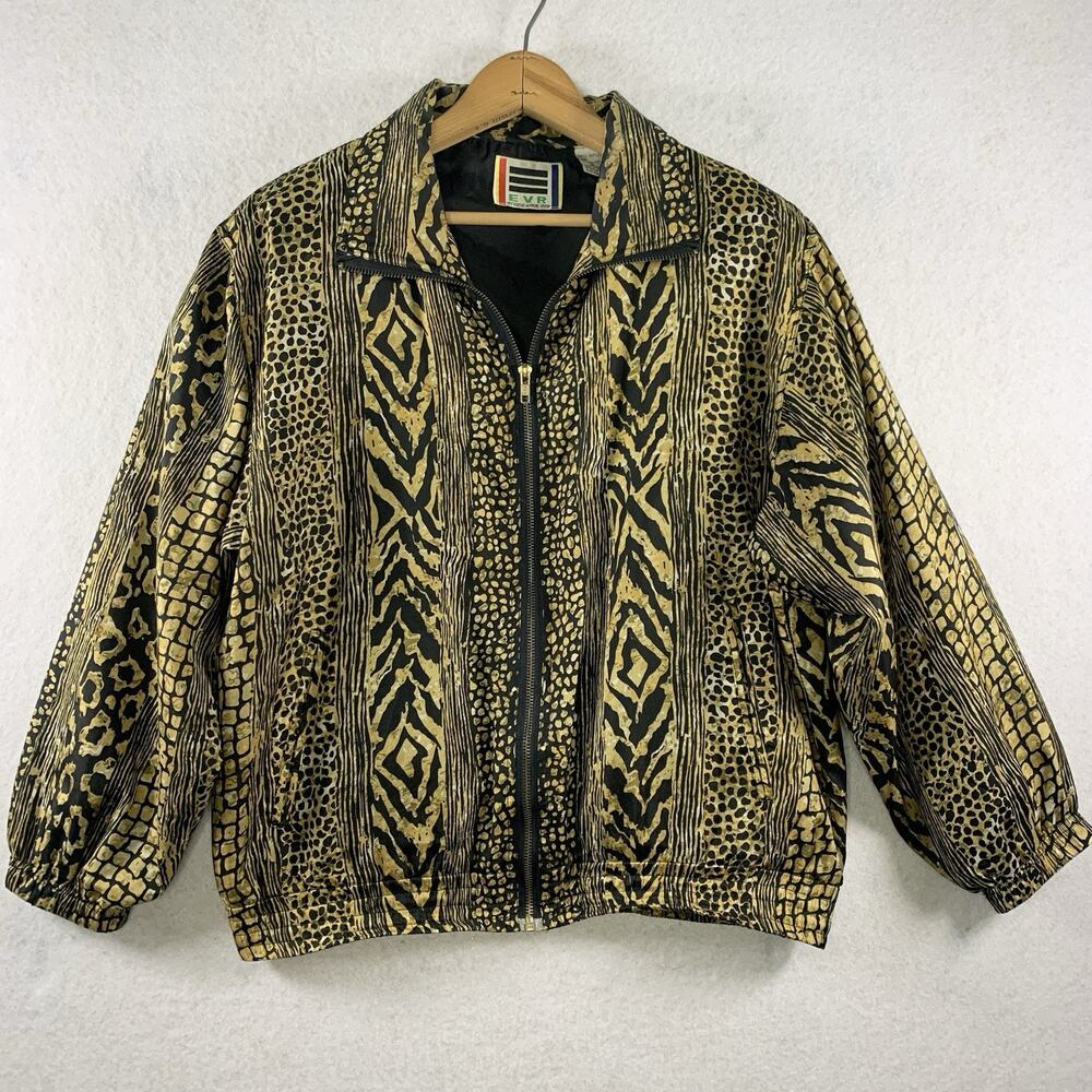 VTG Womens 100% Silk Bomber Jacket Sz M Petite Animal Print Maximalist Clubwear‎